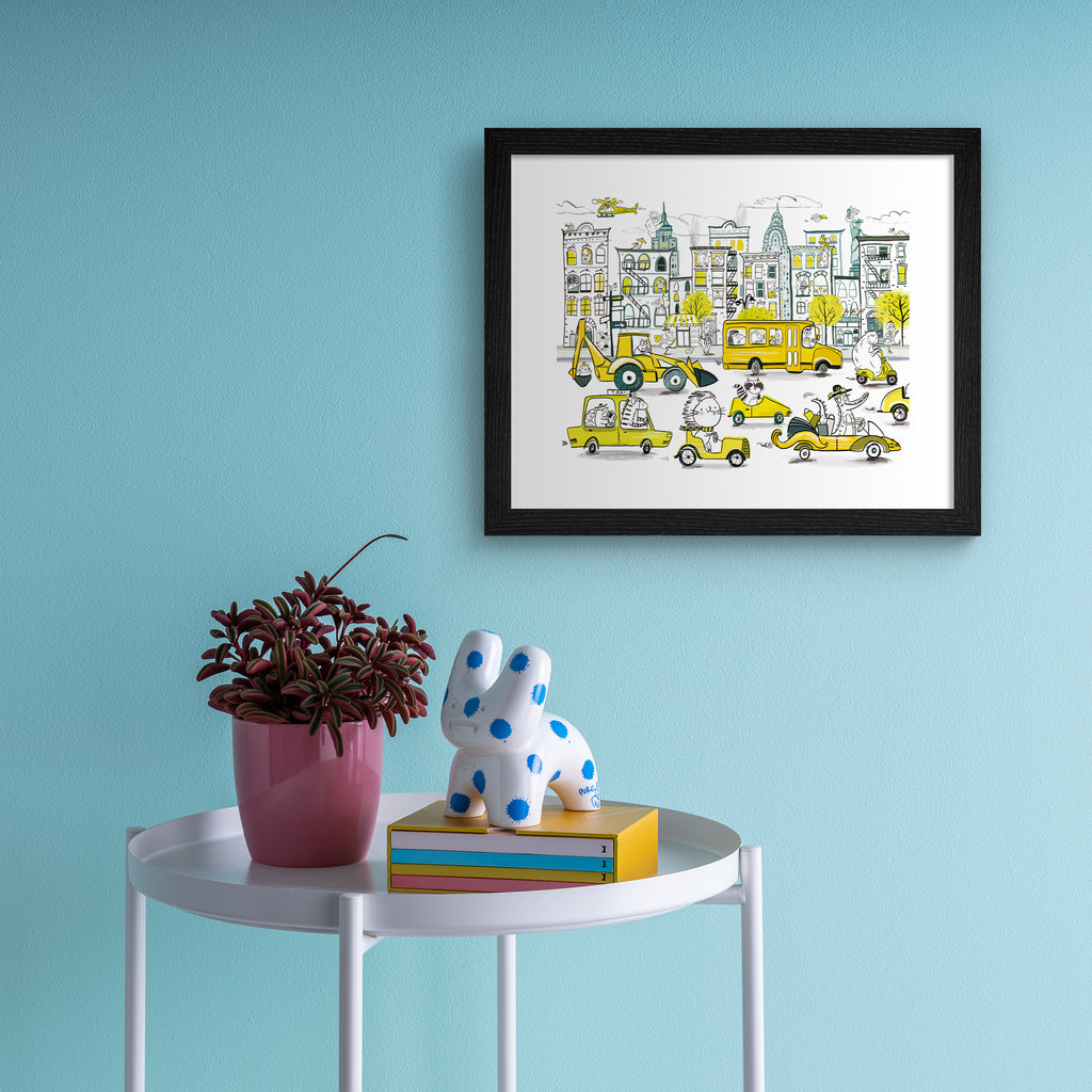Colourful art print featuring playful animals exploring New York City. Art print is hung up on a light blue wall.