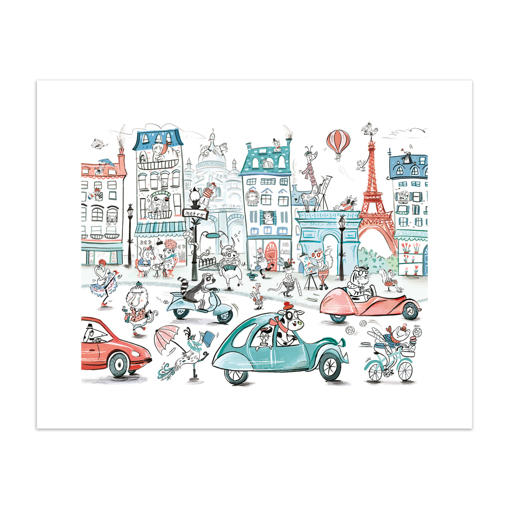 Colourful art print featuring playful animals exploring Paris.