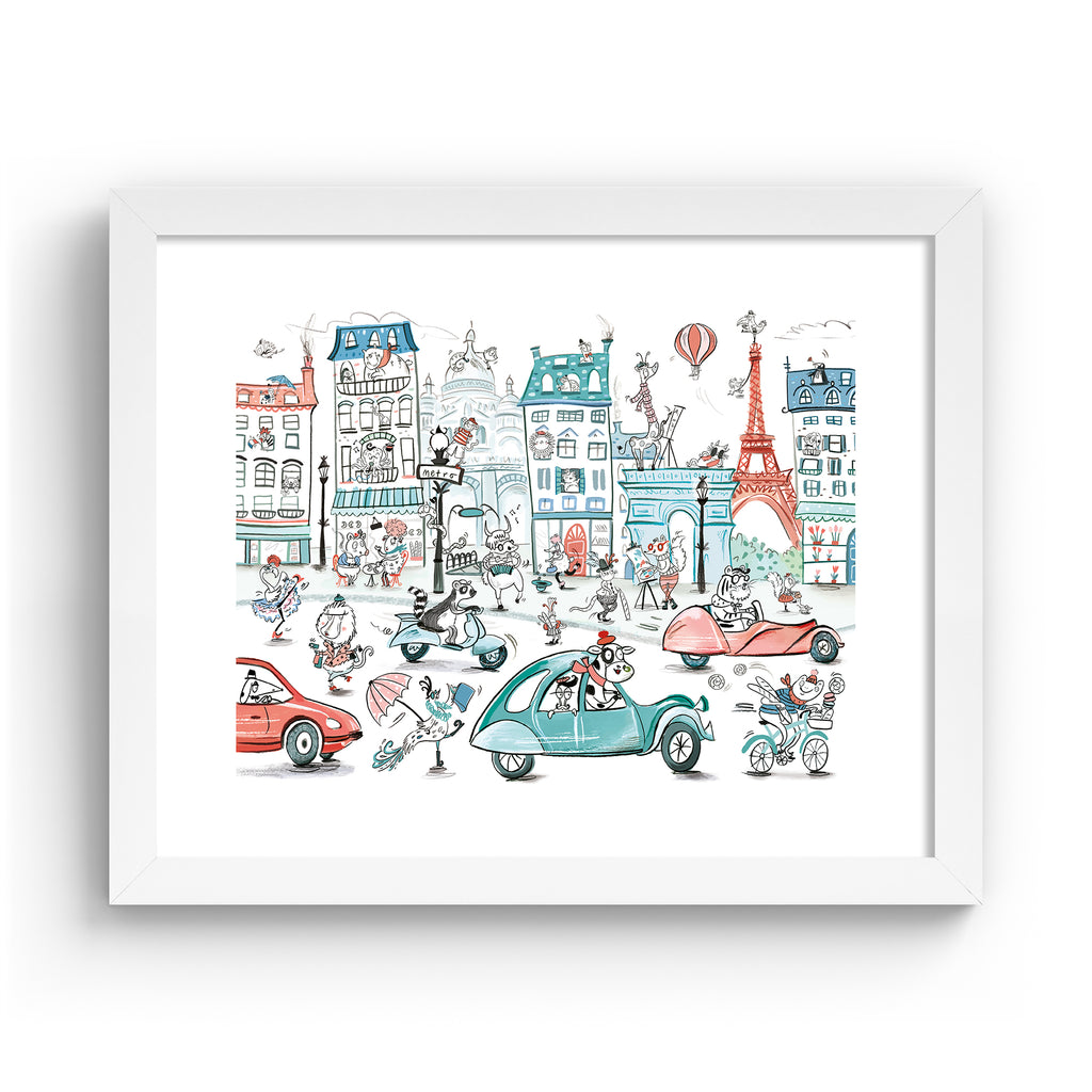 Colourful art print featuring playful animals exploring Paris. Art print is in a white frame.