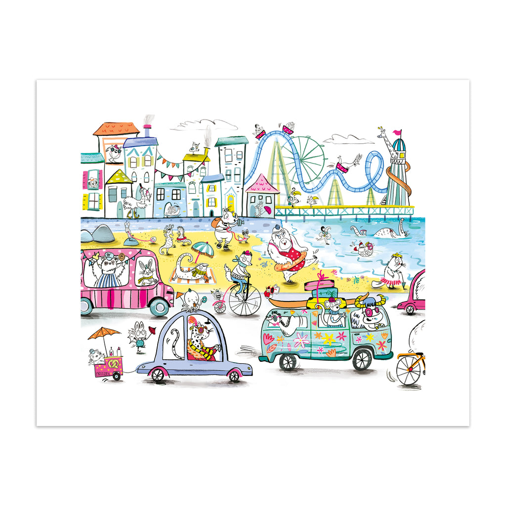 Colourful art print featuring playful animals exploring the seaside, with fun and iconic landmarks in the background
