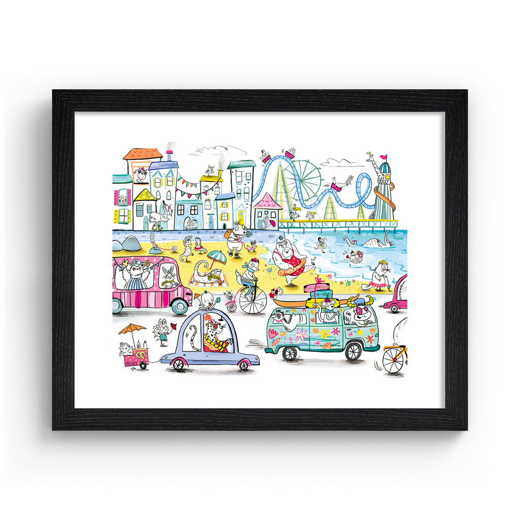 Colourful art print featuring playful animals exploring the seaside, with fun and iconic landmarks in the background. Art print is in a black frame.