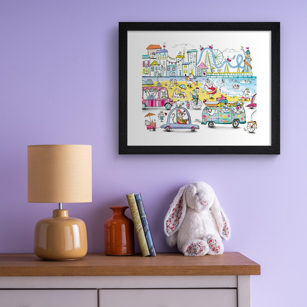 Colourful art print featuring playful animals exploring the seaside, with fun and iconic landmarks in the background. Art print is hung up on a purple wall.