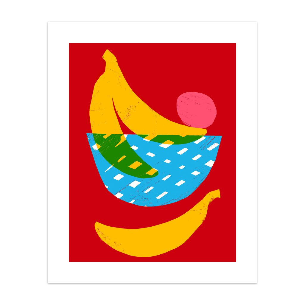 Vivid art print containing bananas playfully placed around a fruit bowl, with a red background.