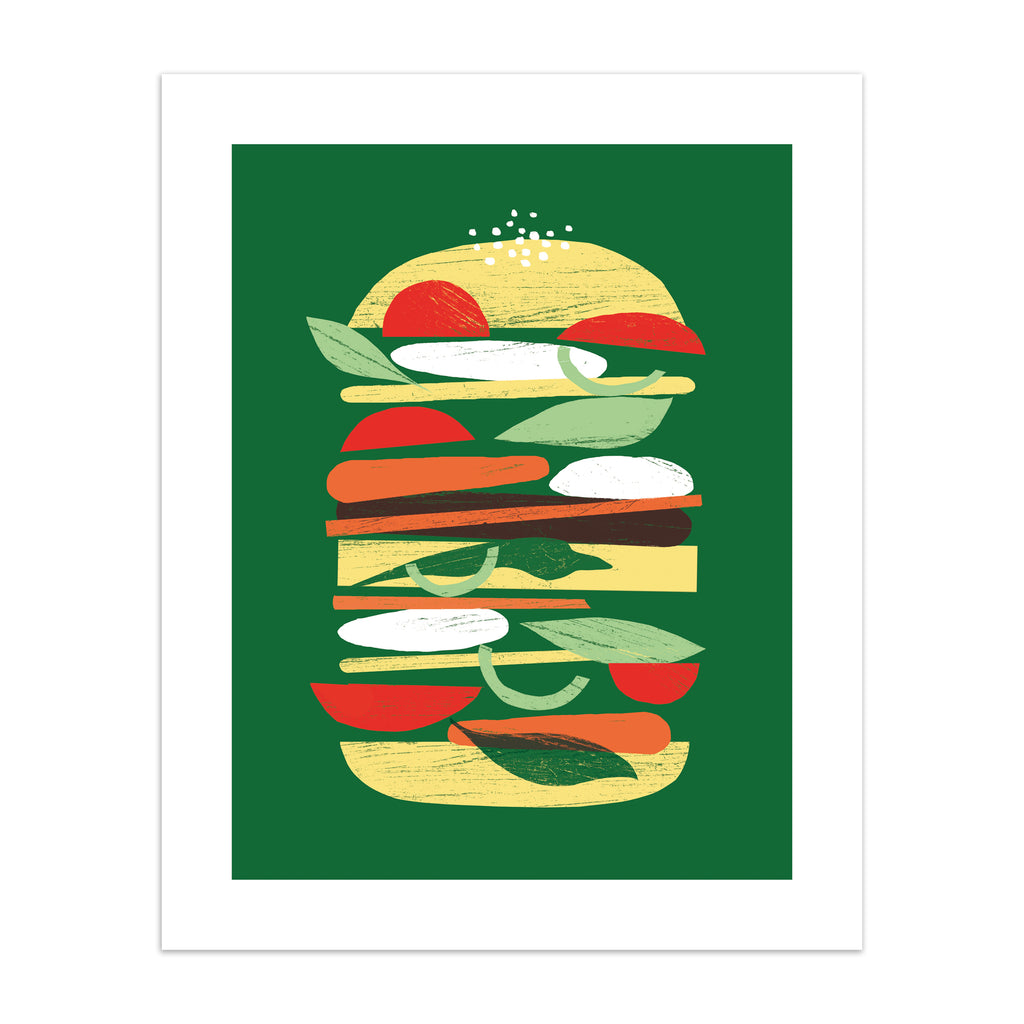 Bright art print featuring a minimalistic drawing of a burger, on a green background.