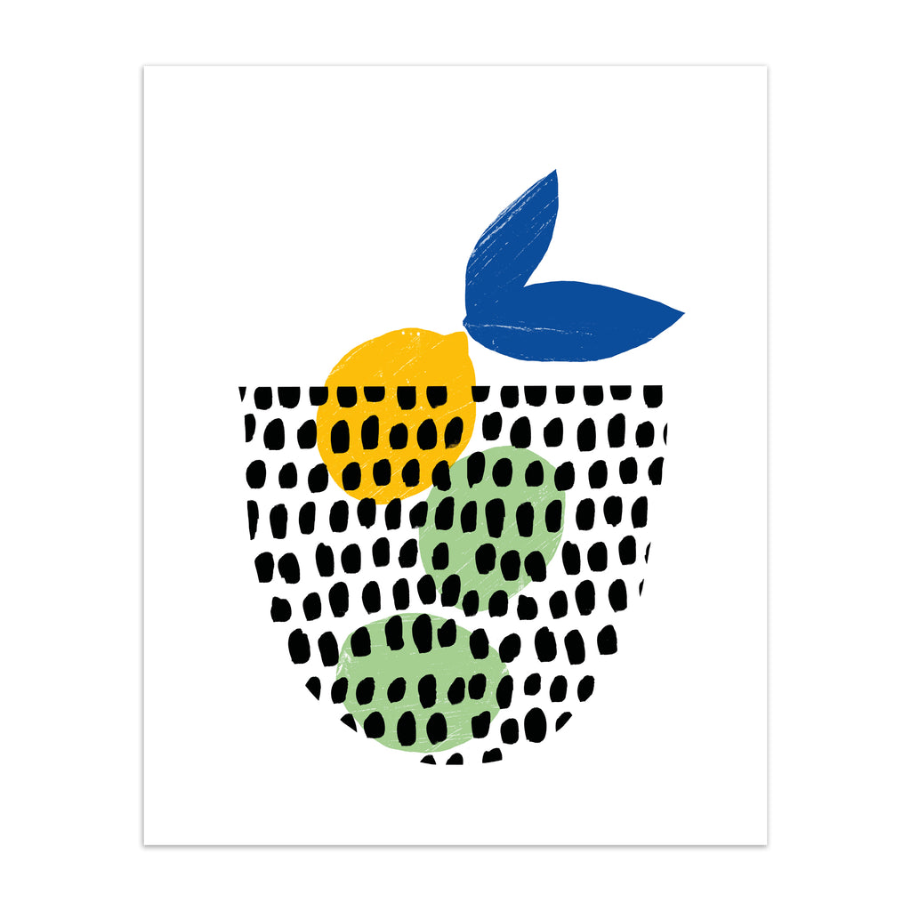 Minimalistic art print featuring a fruit basket containing lemons and limes.