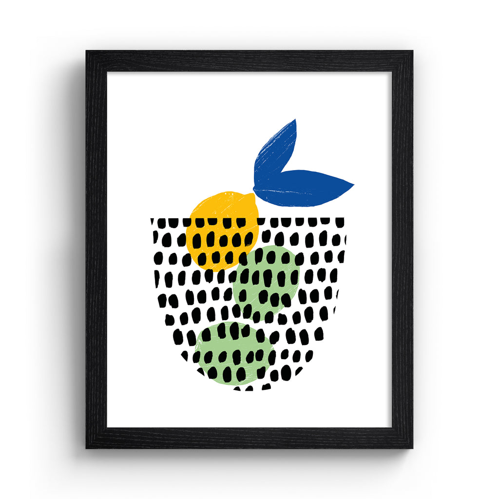 Minimalistic art print featuring a fruit basket containing lemons and limes, in a black frame.