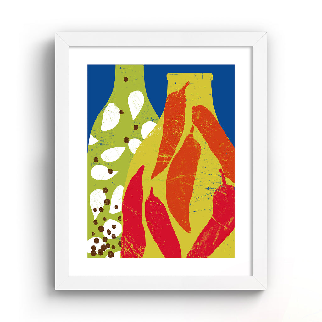 Bright art print featuring two patterned bottles of infused oil, in front of a bright blue background. Art print is in a white frame.