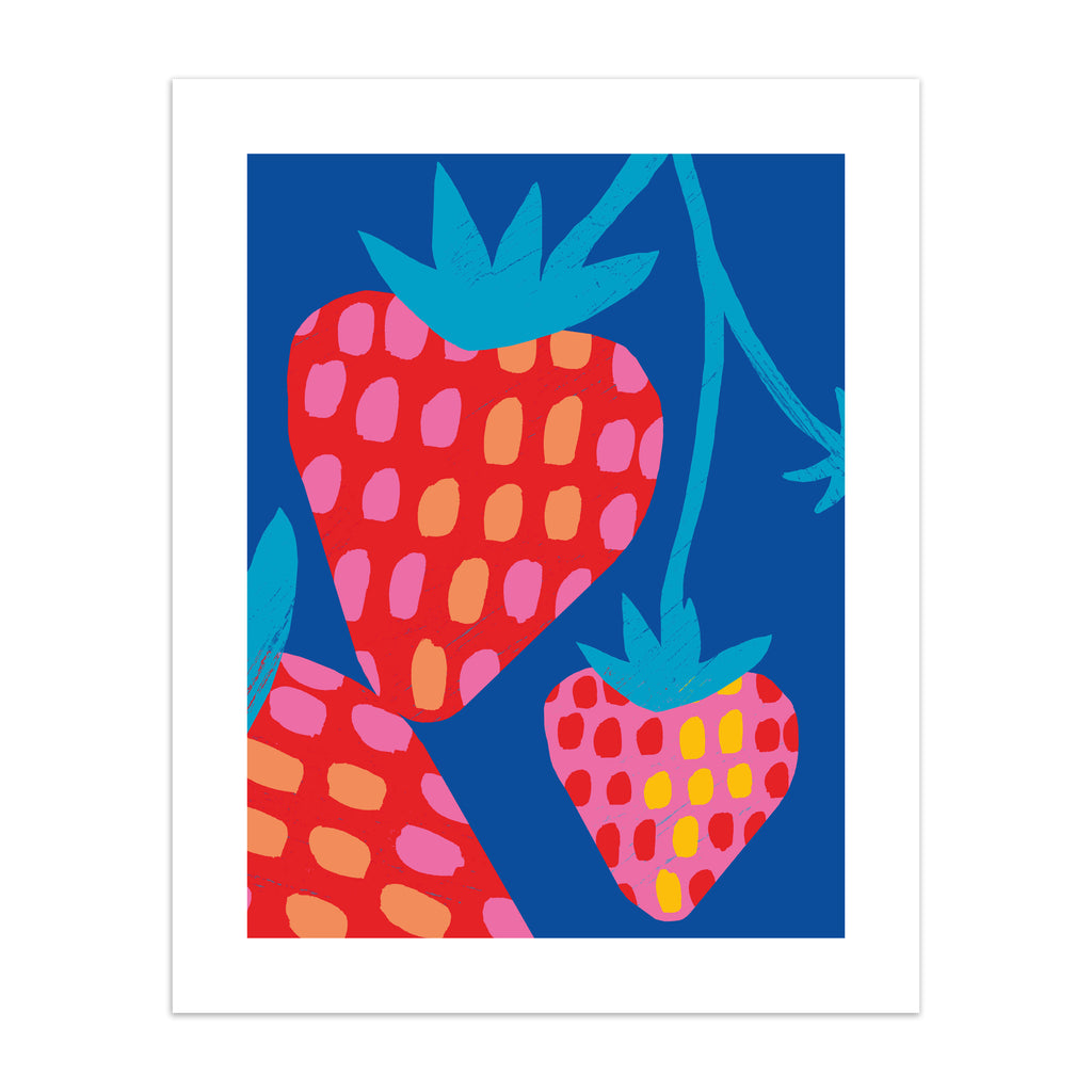 Vivid art print containing a bunch of strawberries dangling in front of a bright blue background.