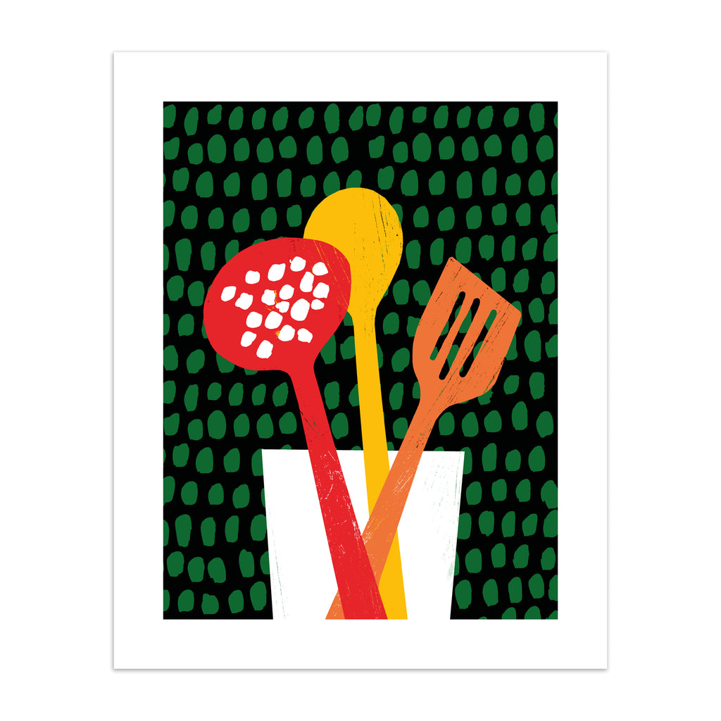 Unique art print featuring brightly coloured utensils in front of a patterned background. 