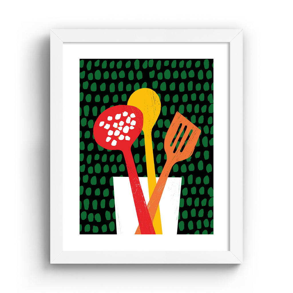 Unique art print featuring brightly coloured utensils in front of a patterned background. Art print is in a white frame.