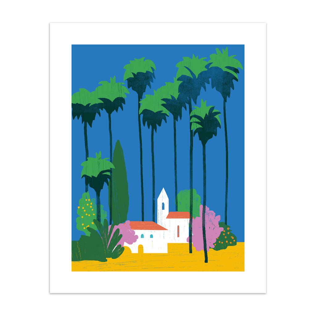 Bright art print featuring a beautiful tropical scene of houses under sunny palm trees. 