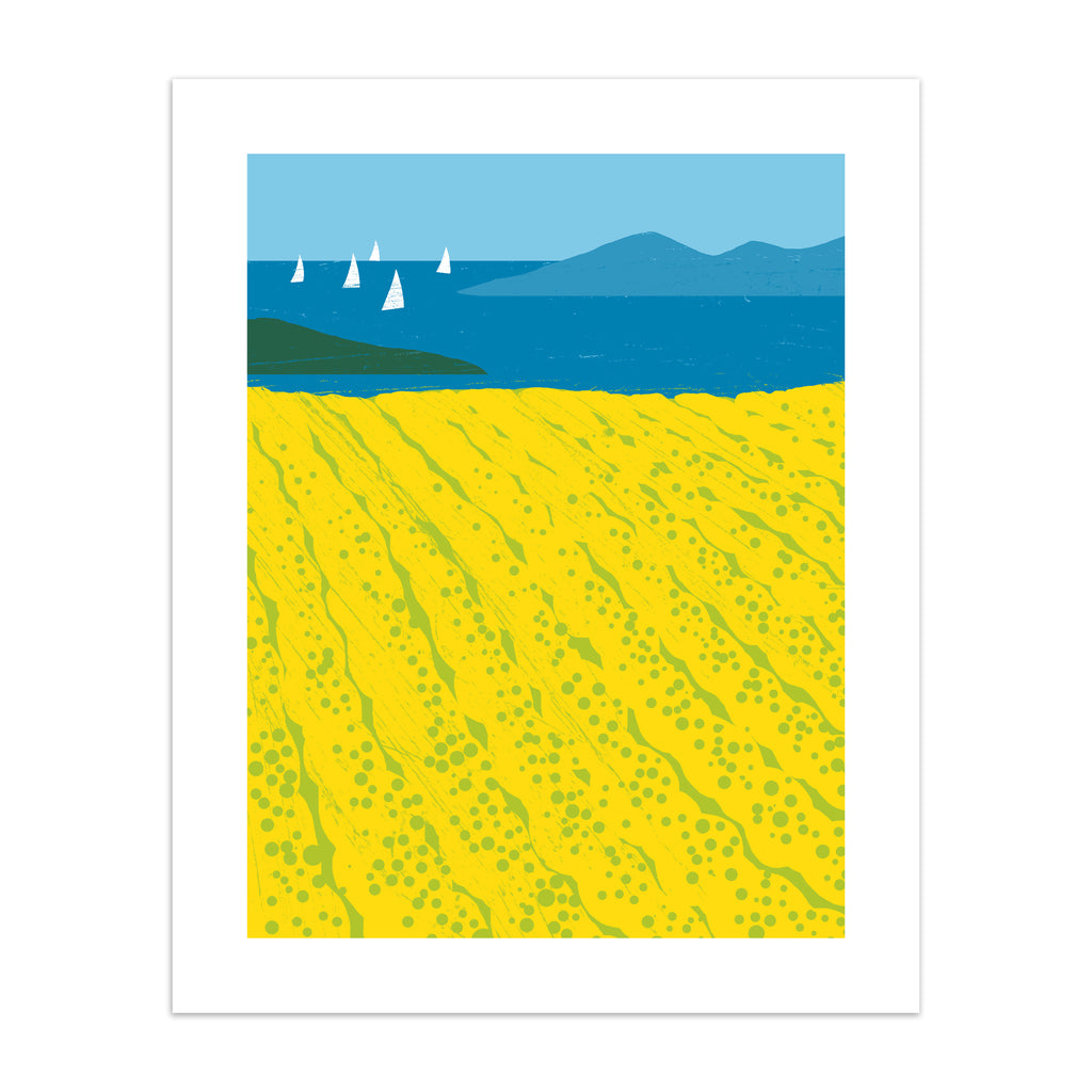 Minimalistic art print featuring beautiful yellow fields bordered by a coastal view. 