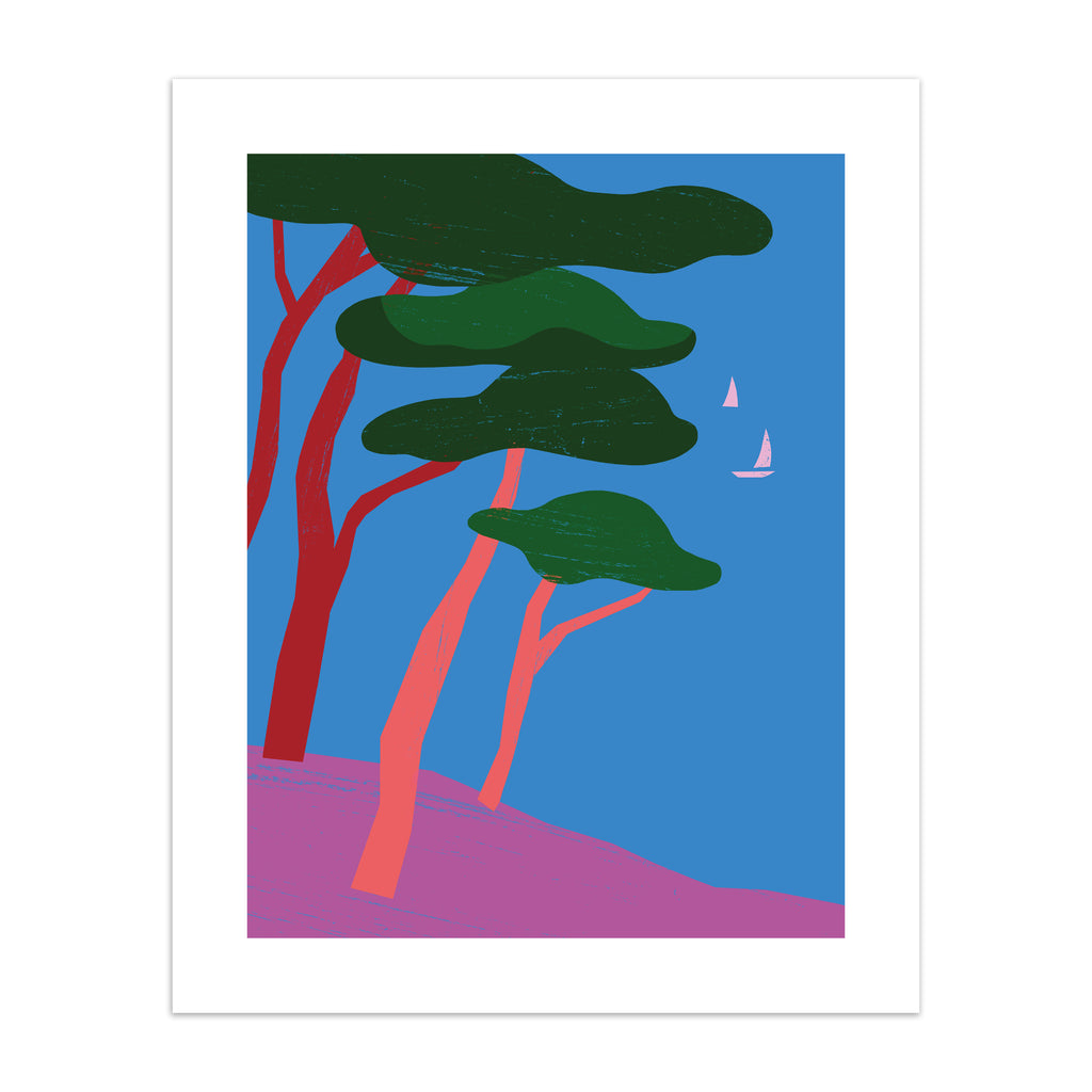  Bright art print featuring a beautiful tropical scene of trees overlooking the sea, with sailboats bobbing in the distance. 