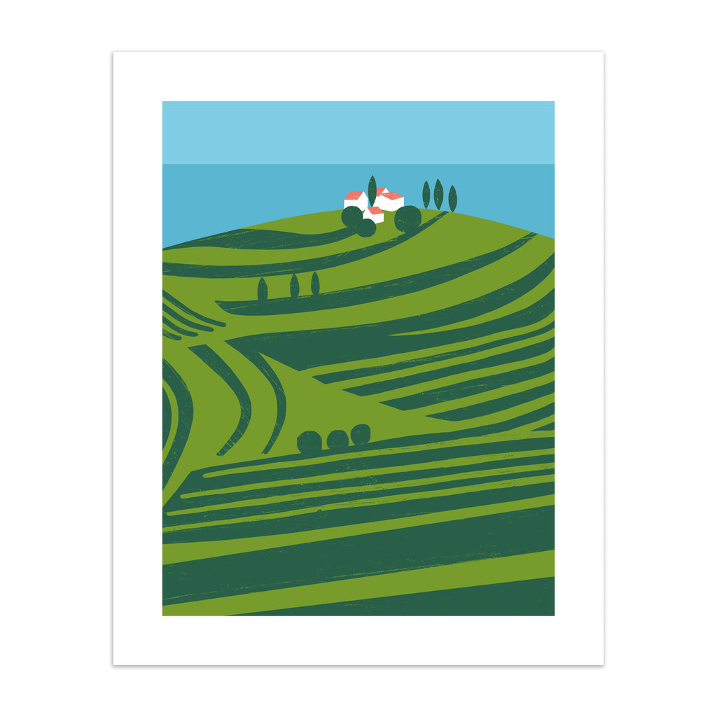 Vivid art print containing a sweeping scene of vineyards on the coast.