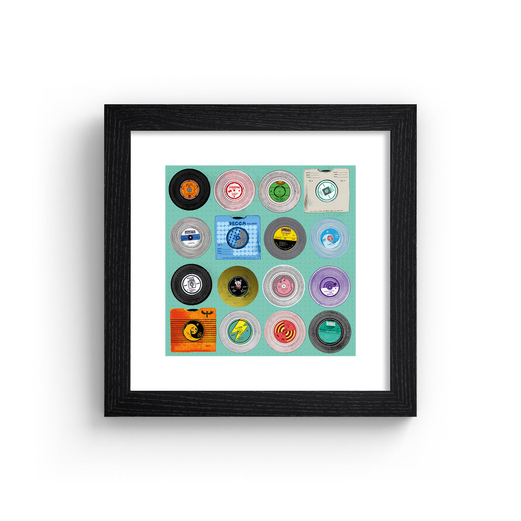 Bright art print featuring different types of vinyls on a bright blue background, in a black frame.