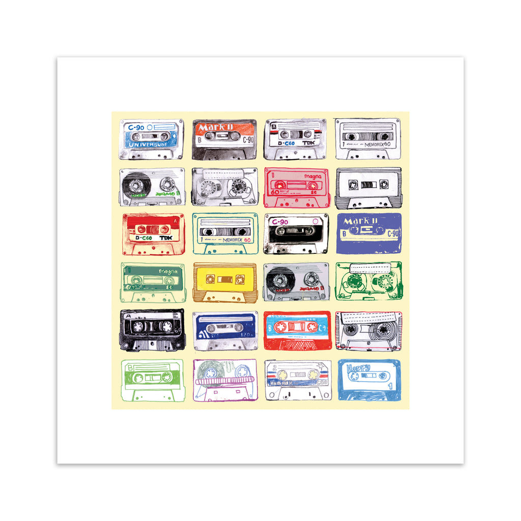 Bright art print featuring different types of mix tapes on a yellow background. 