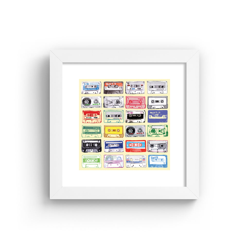 Bright art print featuring different types of mix tapes on a yellow background. Art print is in a white frame.
