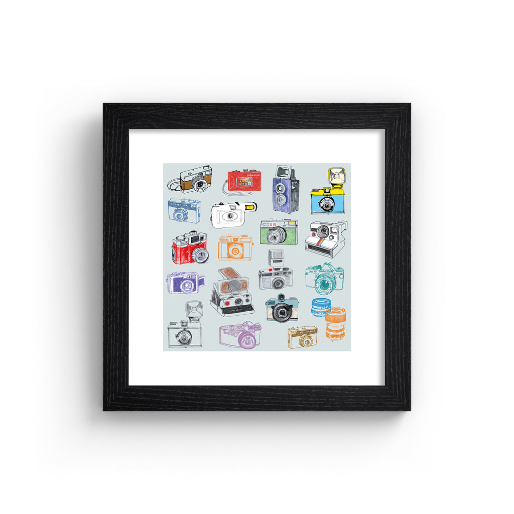 Playful art print featuring different types of retro cameras on a pale blue background. Art print is in a black frame.