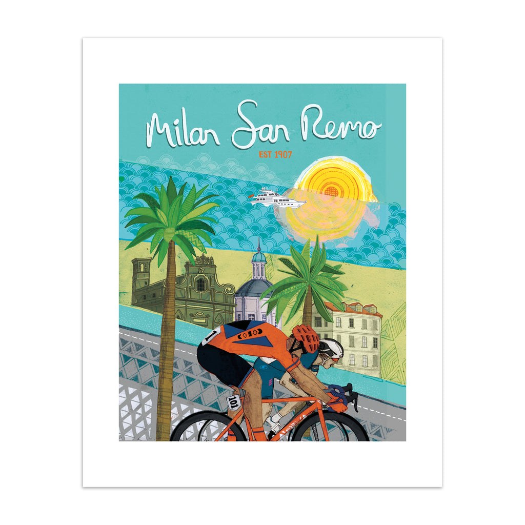 Colourful art print featuring cyclists in front of a beautiful coastal city. Text above reads 'Milan San Remo'.
