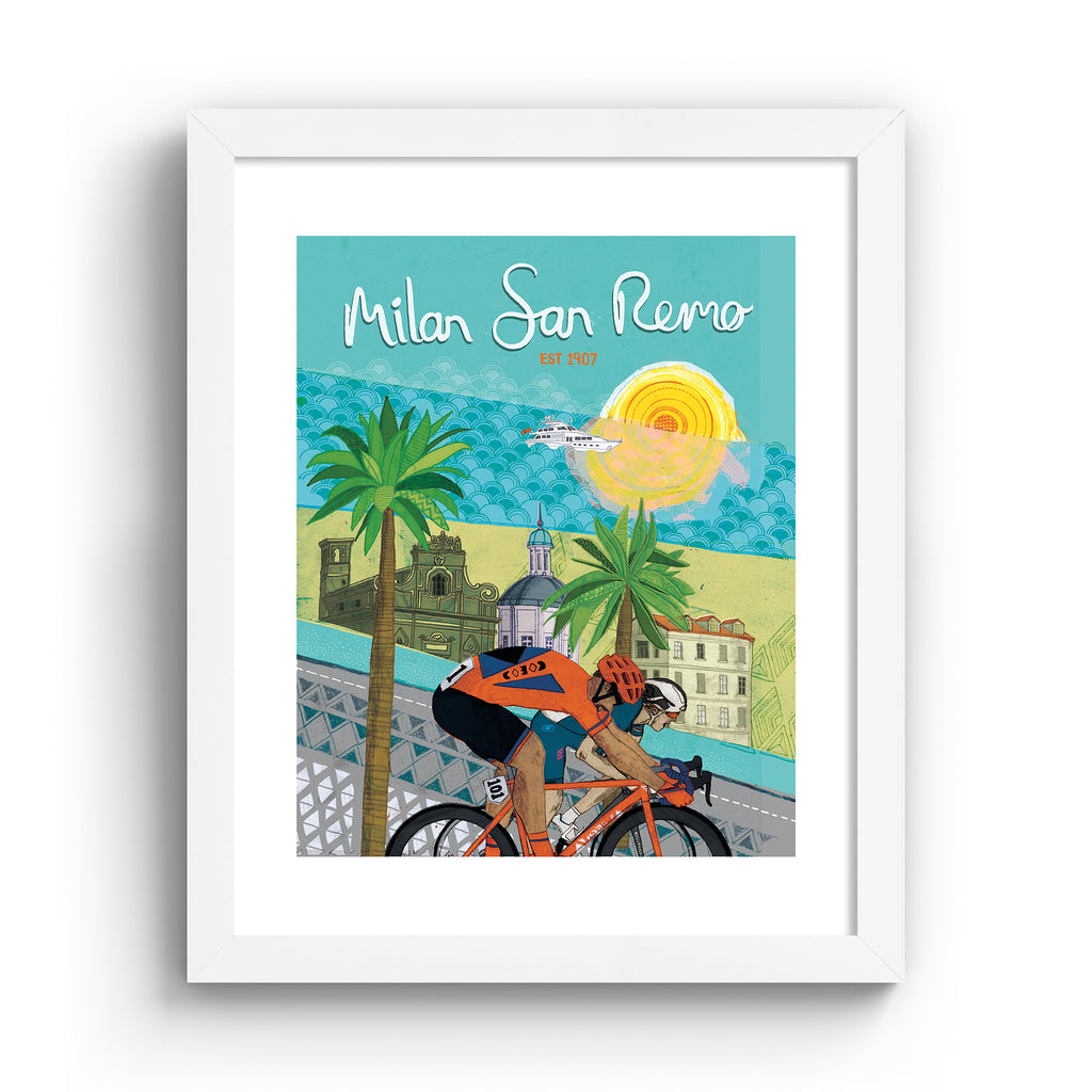 Colourful art print featuring cyclists in front of a beautiful coastal city. Text above reads 'Milan San Remo'. Art print is in a white frame.