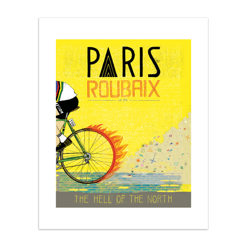 Bright art print featuring a person cycling past on a yellow background. Title above reads 'Paris, Roubaix'.