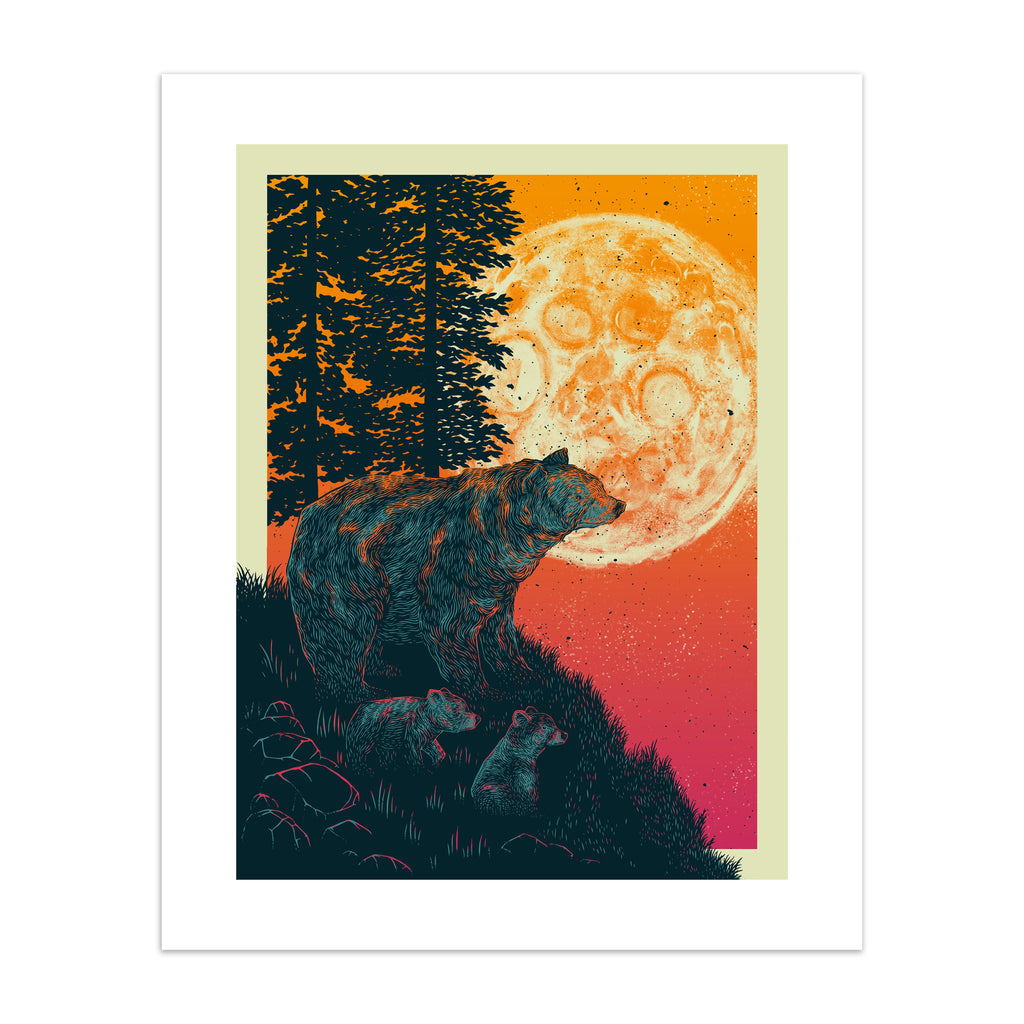 Detailed line art print of bears under a luminous red moonrise.