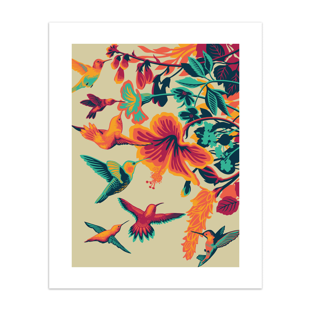  Striking art print featuring brightly coloured hummingbirds hovering above vibrant flowers. 
