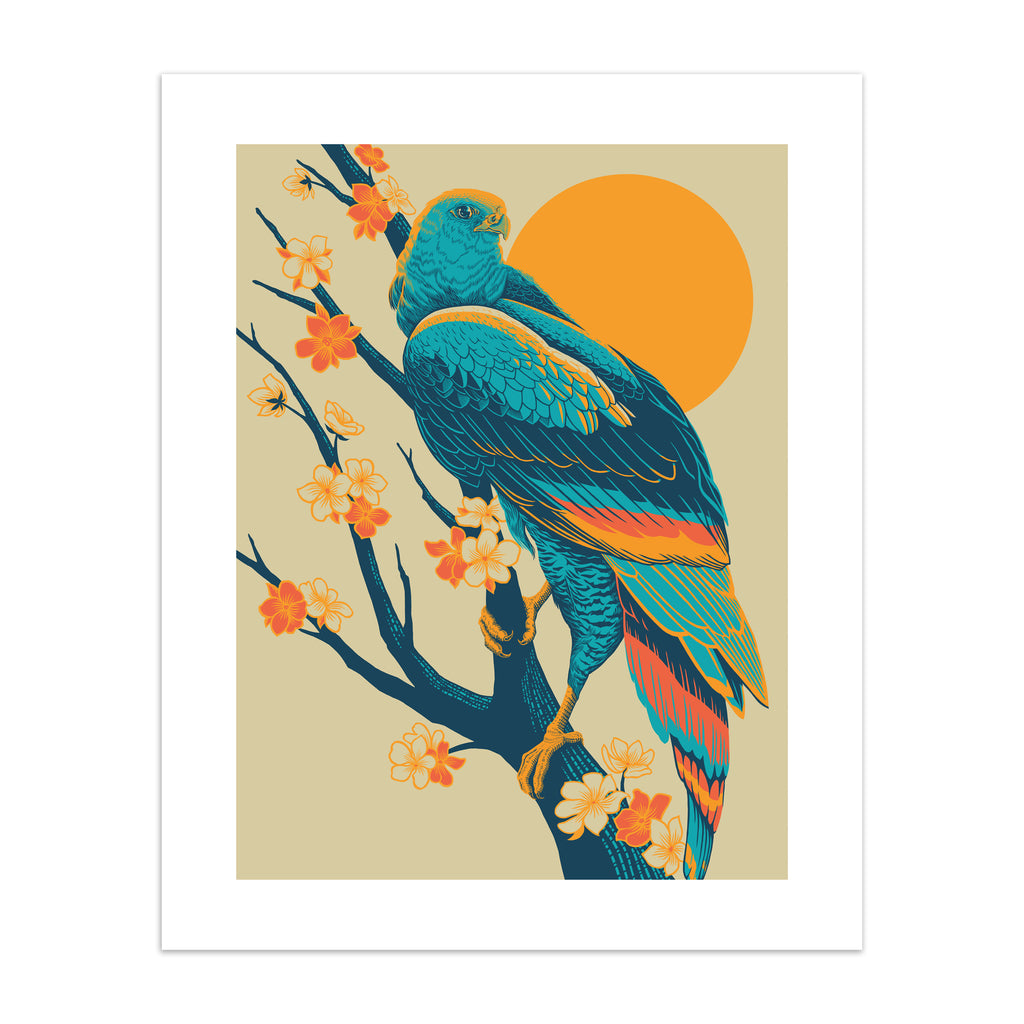 Colourful print featuring a detailed illustration of a peregrine falcon perched in front of a brilliant sunrise.