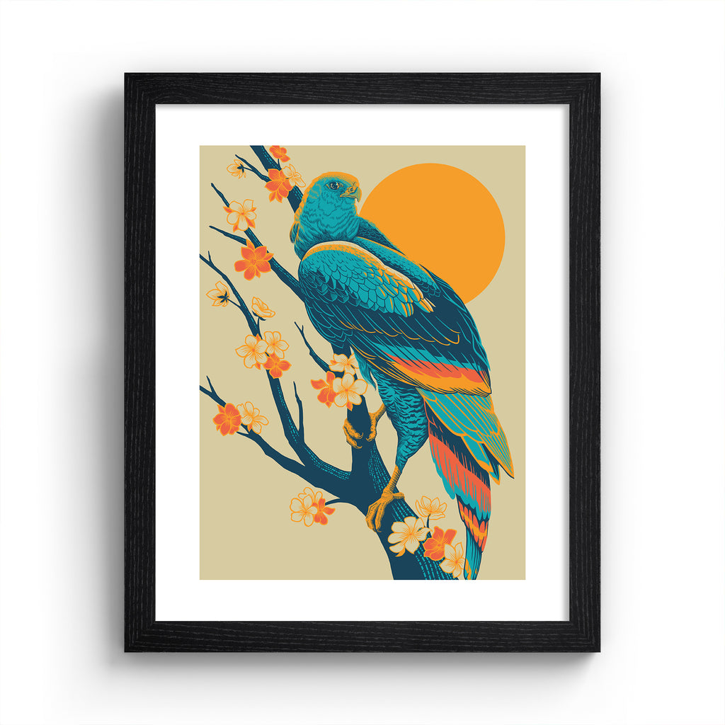Colourful print featuring a detailed illustration of a peregrine falcon perched in front of a brilliant sunrise. Art print is in a black frame.