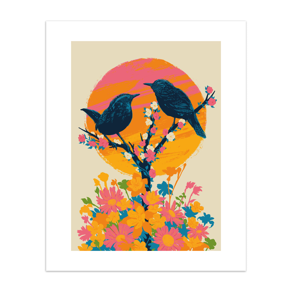 Brilliant art print featuring a detailed illustration of two birds perching on a blooming tree, in front of a bright sunset.