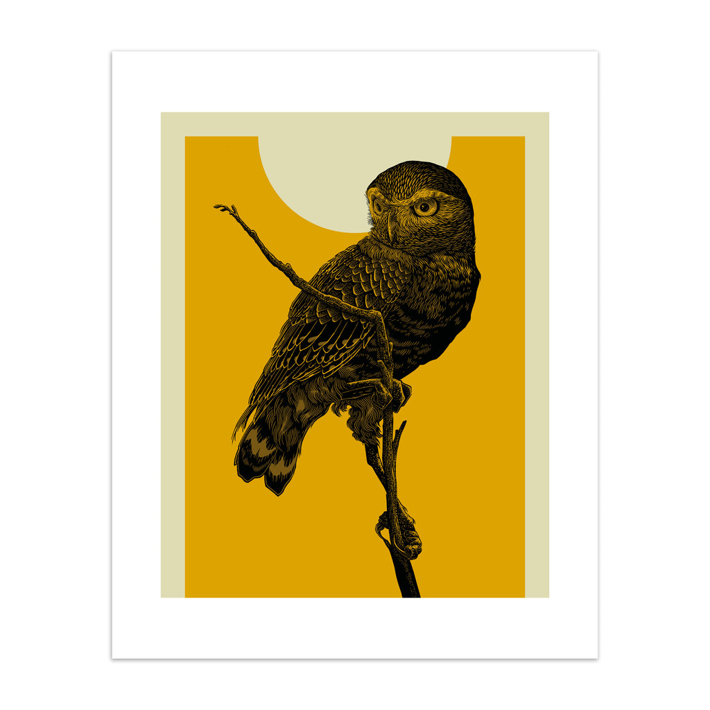 Striking art print featuring a detailed illustration of an owl perched on a branch, in front of a vibrant yellow sky.