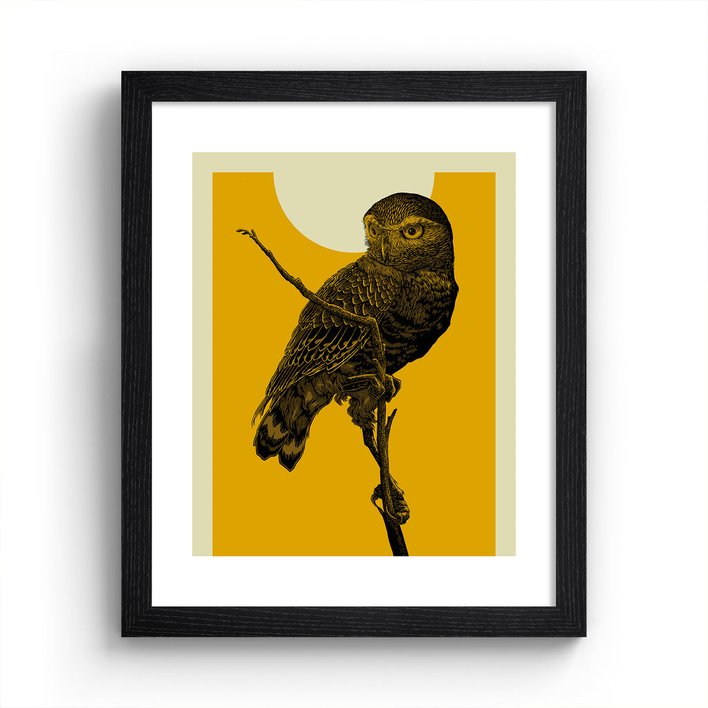Striking art print featuring a detailed illustration of an owl perched on a branch, in front of a vibrant yellow sky. Art print is in a black frame.