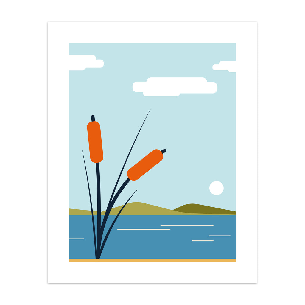 Minimalistic art print featuring bullrushes in front of a beautiful coast scene. 