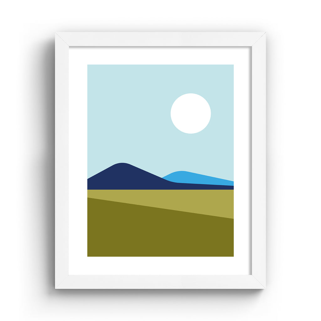 Minimalistic print featuring a beautiful mountain landscape. Art print is in a white frame.