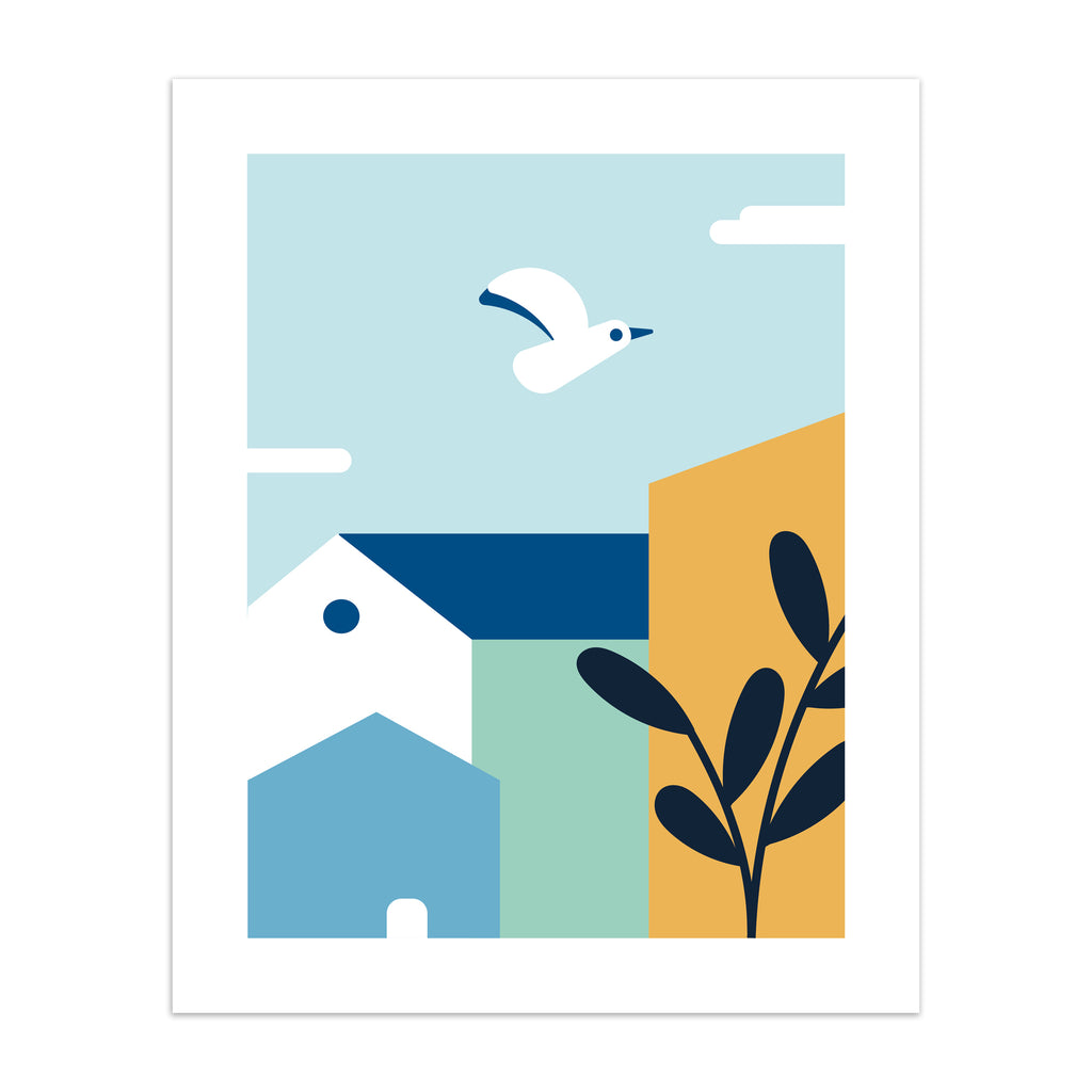Minimalistic art print featuring a coastal bird flying over colourful houses.
