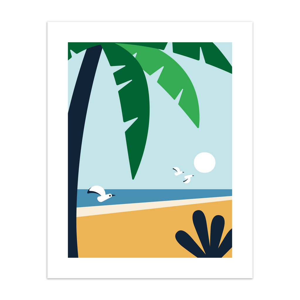 Minimalistic print featuring a palm tree standing in front of a beautiful coastal scene. 