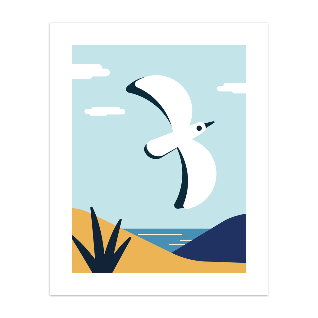 Colourful art print featuring a bird flying in front of a coastal scene.