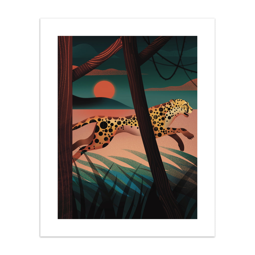 Vibrant art print featuring a cheetah sprinting through a forest at sunset.