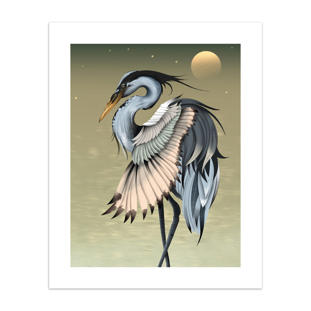 Moody art print featuring a heron basking in front of a golden sun. 