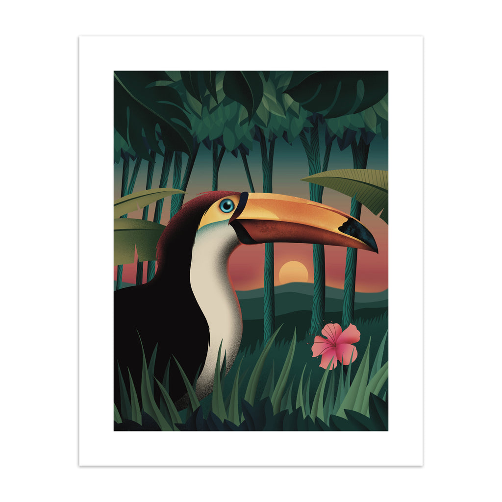 Vibrant art print featuring a sunset forest scene of a toucan standing amidst the trees.