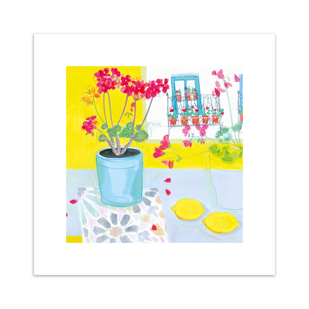 Vibrant art print featuring a vase of pink flowers next to yellow fruit and walls. 