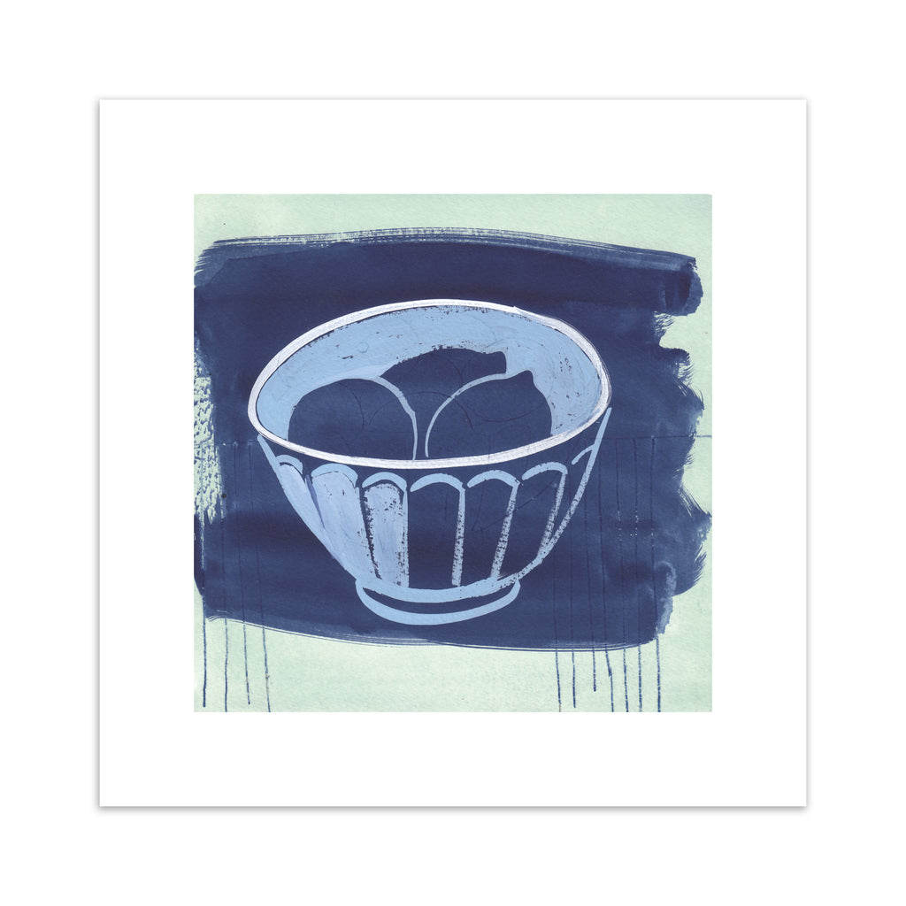 Art print of a bowl of fruit, on a blue background.