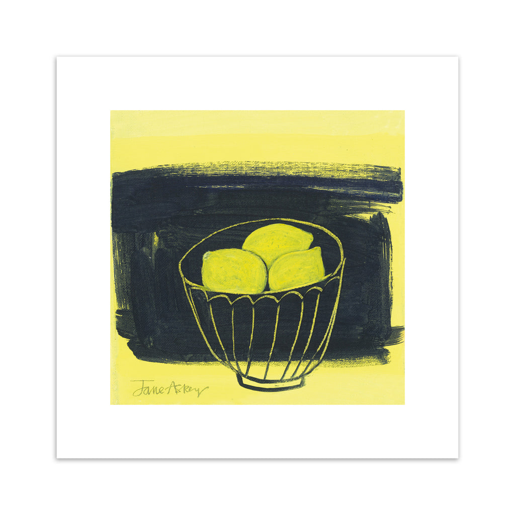 Minimalistic art print featuring lemons in a fruit bowl in front of a bright yellow and black background.