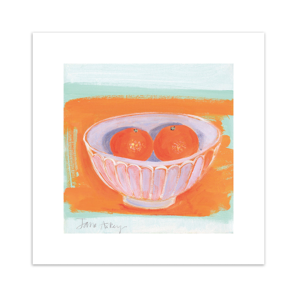  Minimalistic art print featuring oranges in a fruit bowl in front of a bright orange and blue background.