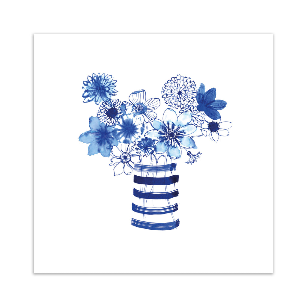 Colourful art print featuring indigo blue flowers in a striped vase. 