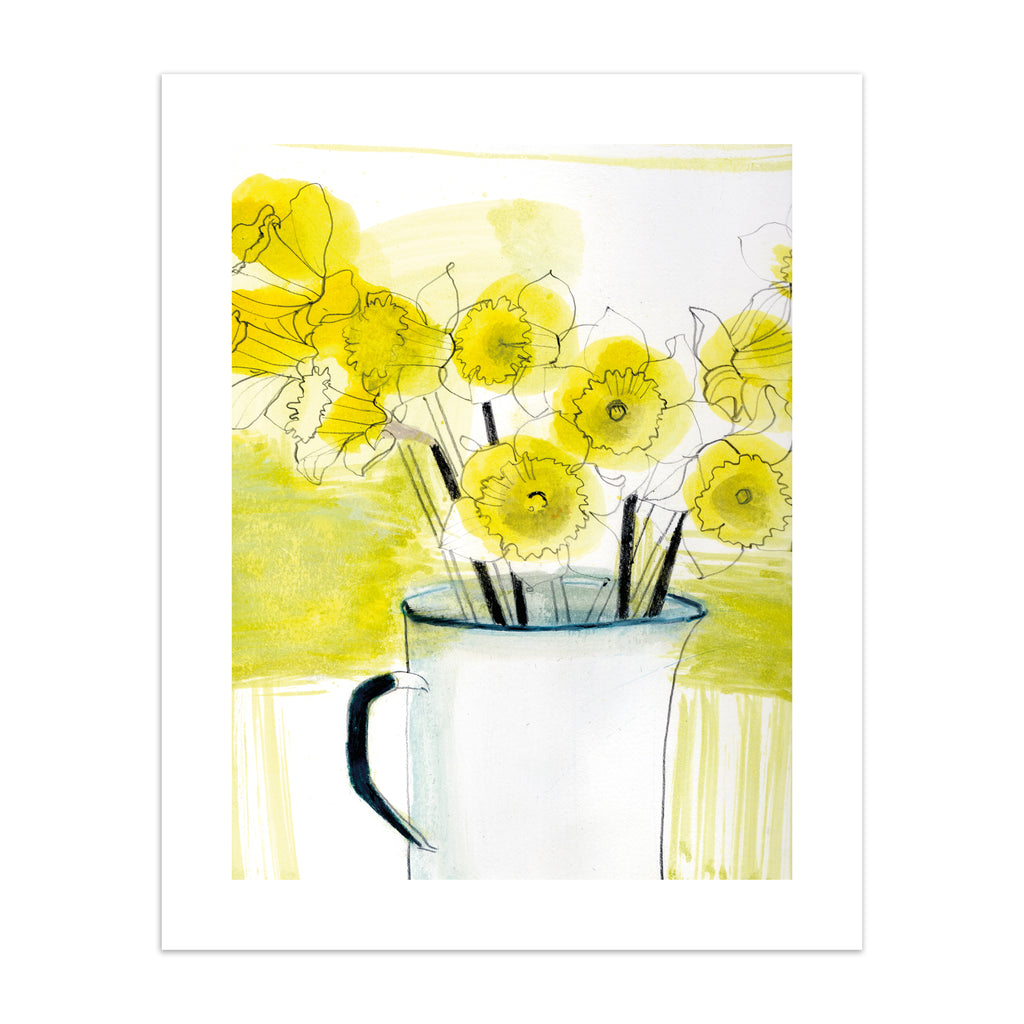 Beautiful yellow art print illustration featuring daffodils spilling out of an enamel jug, with a blended yellow and white background.