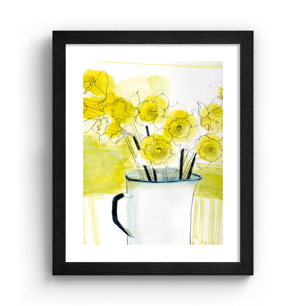 Beautiful yellow art print illustration featuring daffodils spilling out of an enamel jug, with a blended yellow and white background, in a black frame.