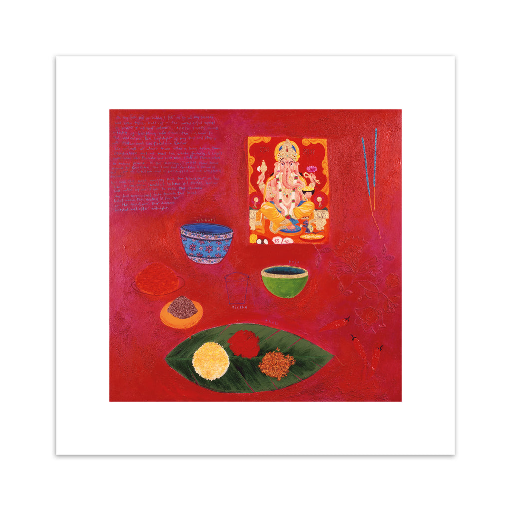  Abstract art print containing a breakfast spread of different pieces of food, on a bright red background.