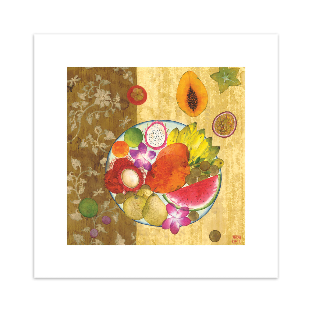 Fruity art print featuring a vibrant fruit platter displayed with flowers on a yellow and brown background.