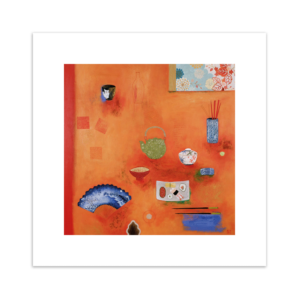 Bright art print featuring different household objects placed on a bright orange background.